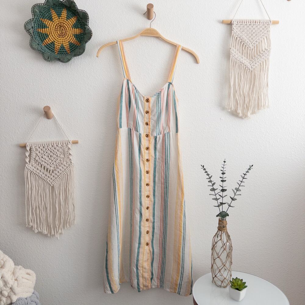 Madewell 100% Linen Striped Fitted-Bodice Midi Tank Sun Dress Size 2